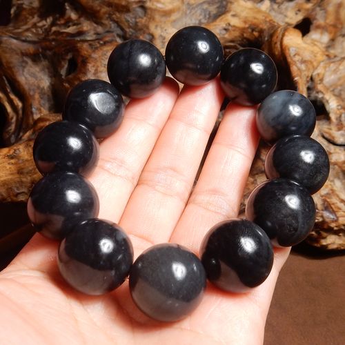 方言和田玉精品特惠新疆玉龙河青花墨玉籽料18mm留原皮圆珠手串a