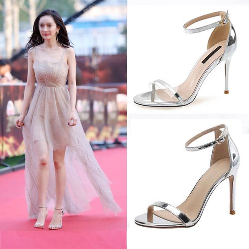 ideamini高跟凉鞋女细跟2021夏新款一字扣带性感法式仙女风银色透明星