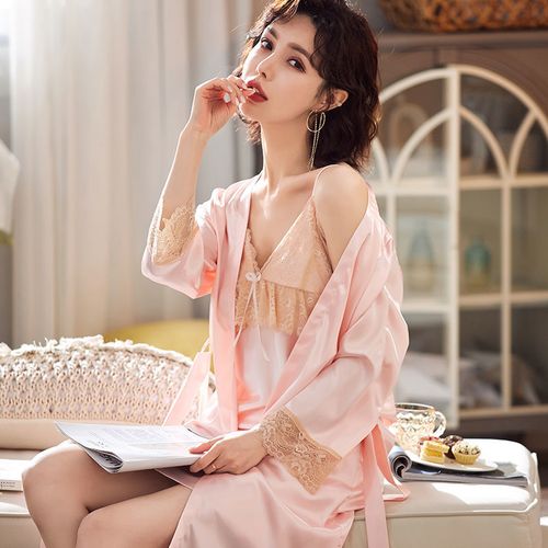 睡衣女冰丝吊带睡袍两件套薄款性感简约韩版仿真丝绸睡裙夏