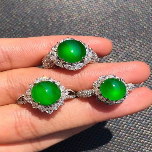 a货冰种阳绿翡翠蛋面帝王绿戒面满绿貔貅马鞍葫芦玉戒指镶嵌裸石