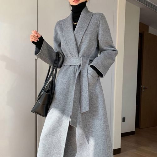 双面羊绒水波纹大衣女2021秋冬新款宽松系带中长款过膝羊毛呢外套