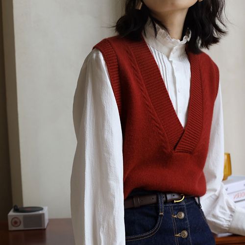 2022春季新款复古红色v领针织毛衣马甲背心女春秋外搭坎肩叠穿上衣