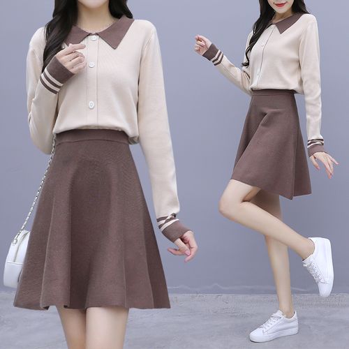 秋冬季女装2020年新款潮长袖针织打底娃娃领连衣裙子短裙两件套装