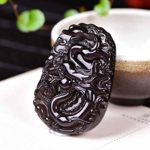亮晶阁 天然冰彩黑曜石项坠 飞天龙牌吊坠 尺寸50*35*10mm