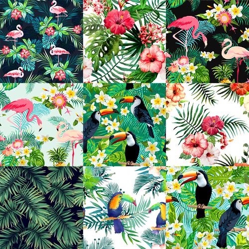 热带植物花卉绿植火烈鸟巨嘴鸟无缝底纹花纹图案ai矢量素材