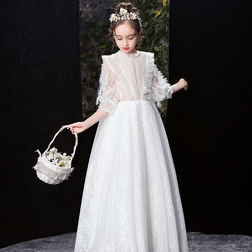 花童礼服女公主裙子白色蓬蓬纱高端儿童钢琴表演礼服女大童礼服裙