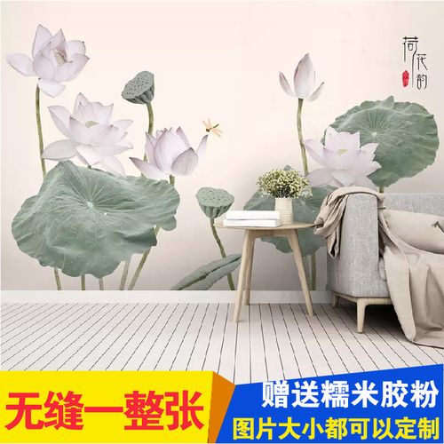 新中式禅意荷花意境清新养生会所包间客厅背景墙壁画
