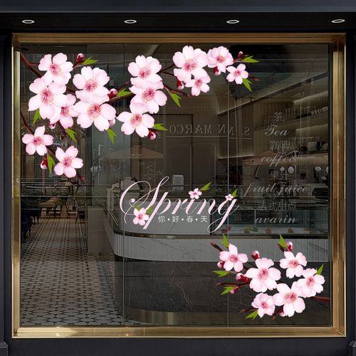 玻璃橱窗彩白彩装饰贴纸春季樱花陈列美容院商场酒店美化春天墙贴