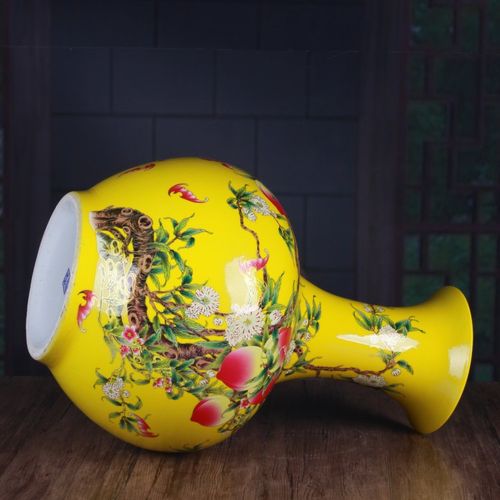 摆设摆件陶瓷花瓶釉上彩黄色福寿图大号赏瓶复古陶瓷家居玄关