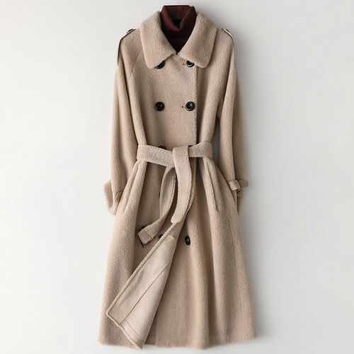 帕波仕蒂双排扣羊剪绒大衣女2021年秋冬新款系带长款羊毛皮草外套