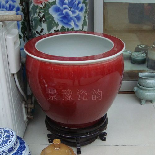 景德镇陶瓷鱼缸高温颜色釉画缸郎窑红鱼缸手工瓷器书画乌龟缸摆件