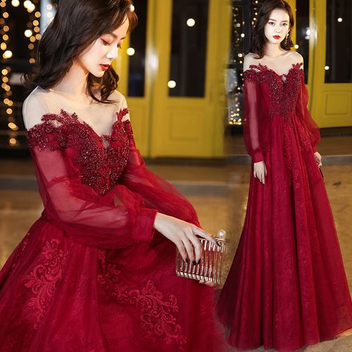 新娘敬酒服长袖2022新款酒红色结婚订婚晚礼服一字肩主持人连衣裙