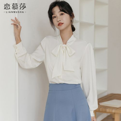 2021秋冬新款泡泡袖长袖白衬衫女蝴蝶结立领复古港风灯笼袖上衣