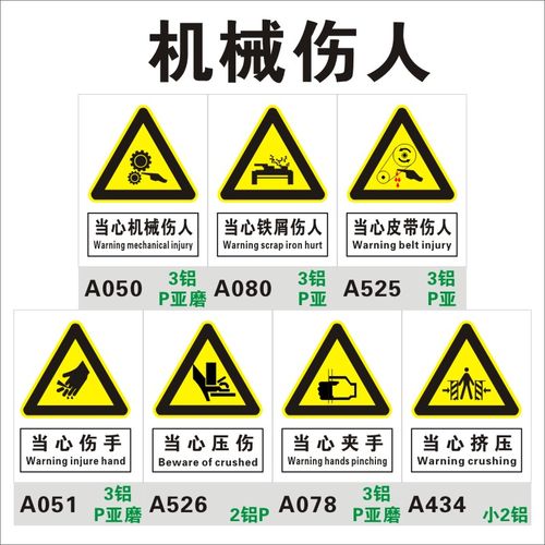 当心机械伤人伤害标识牌 小心铁屑皮带 夹手伤手压伤挤压警示牌 机器