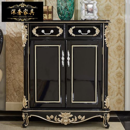 深奢家具欧式鞋柜黑檀色实木家具奢华法式小户型客厅对开门储物柜