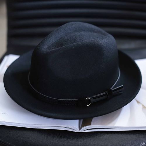 男士黑色短沿礼帽羊毛呢大码绅士短檐爵士帽秋冬天英伦帽子冬 黑色 m