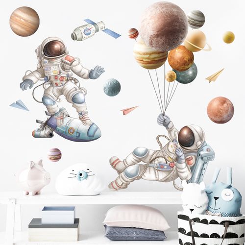 天空宇航员星星月球卡通宇宙儿童房间墙上装饰主题科幻动漫墙贴