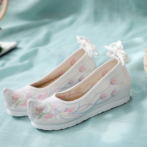 新品民族风绣花鞋古风汉服女鞋内增高系带翘头女单鞋弓鞋女学生鞋