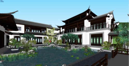 中式山地别墅住宅山庄su模型桃花源sketchup草图大师建筑庭院景观