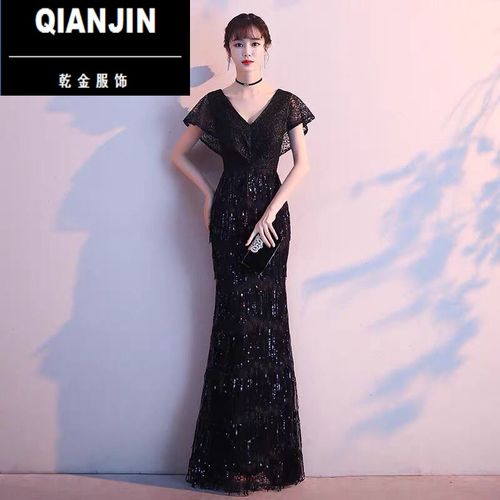 鱼尾裙长款晚礼服秋季女装新款晚礼服黑色v领鱼尾流苏亮片气场女王
