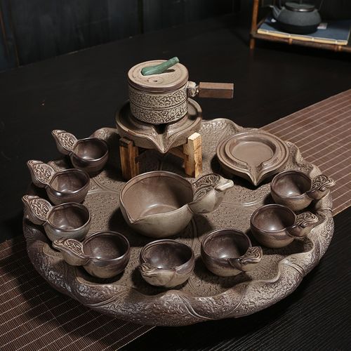 个性设计自动茶具套装旋转出水粗陶瓷茶盘懒人复古时来运转冲茶器
