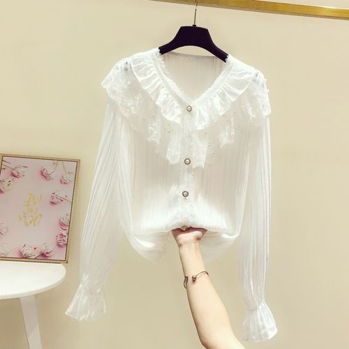 2021秋季新款法式气质钉珠蕾丝荷叶边雪纺衬衫女长袖v领白色衬衣