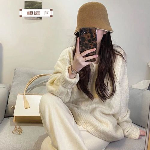 桓远女装服饰店秋冬季宽松中长款套头毛衣女复古日系慵懒风设计感织衫