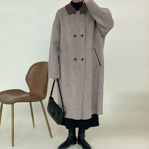 韩系温柔大衣冬季小众双面羊绒大衣女长款茧型双排扣宽松羊毛外套