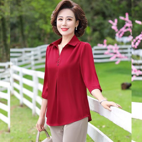 中年妈妈真丝短袖衫夏季中老年女式t恤夏装套装洋气上衣女装装两件套