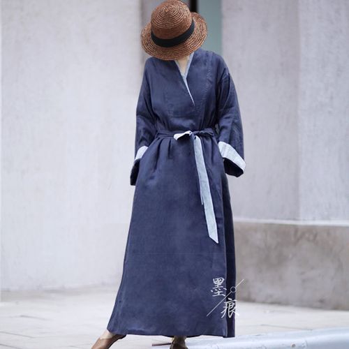 2022春秋阿元同款藏青色改良汉服文艺系带袍子禅意低调长款连衣裙