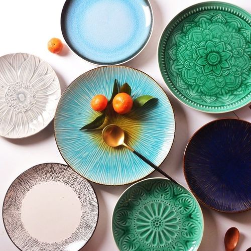 创意浮雕菜盘盘子平盘陶瓷家用圆盘手绘餐盘个性装饰盘西餐盘碟子