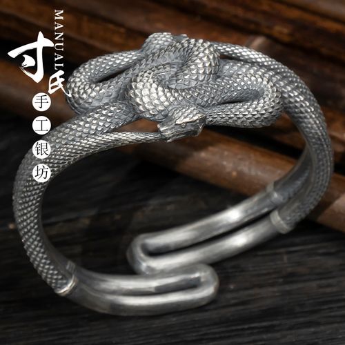 手工纯银饰品99足银原创定制浮雕眼镜蛇形属相手工宽手镯男女开口