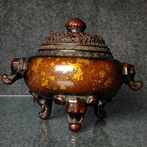 古玩古董老物件收藏品大明宣德年制三足象耳顶级紫铜洒真金熏香炉