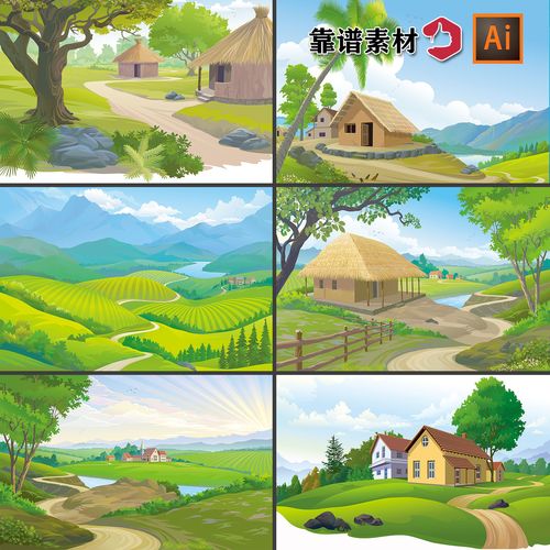 乡村小房子乡镇农村小路田野风景卡通插画舞台背景ai矢量设计素材