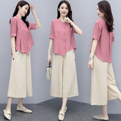 大码棉麻套装女夏季2021年新款洋气时尚休闲气质阔腿