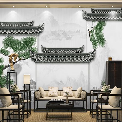 高档复古红院中式建筑屋修古风墙a纸水墨花鸟图故宫庭国潮餐厅ins