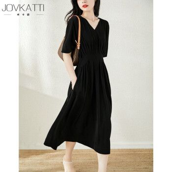 jovkatti品牌女装连衣裙女夏2022新款高端气质v领女士服装褶裥收腰
