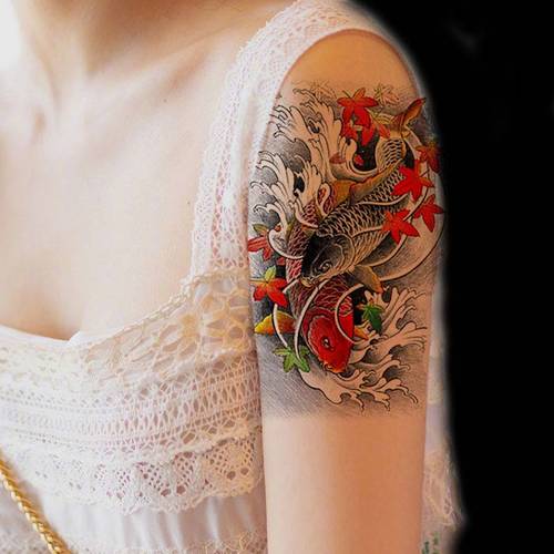 红黑双鲤鱼大花臂纹身贴男女浪花手臂持久小腿仿真刺青招财锦锦鲤