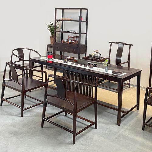 现代中式高端黑檀木茶桌茶台实木茶桌椅组合大型别墅茶室办公茶桌