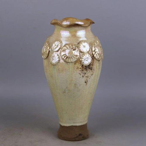 唐代银光窑金银釉堆雕菊花纹梅瓶 出土文物古瓷器 古玩收藏摆件