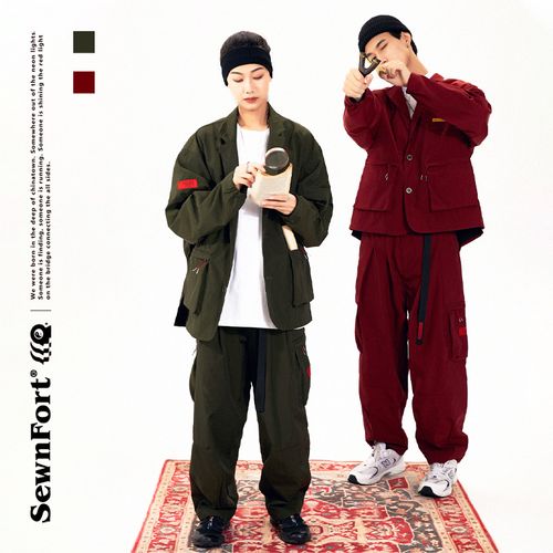 sewnfort秋冬季红色外套男套装休闲西装工装日系宽松机能两件套潮