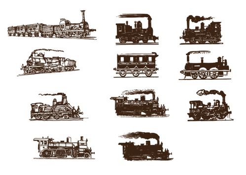 手绘火车 11款线描欧式复古火车蒸汽车图案 ai格式矢量设计素材