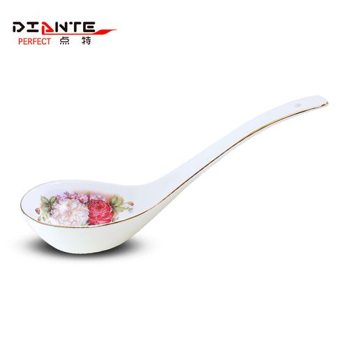 金边骨瓷大汤勺陶瓷勺子调羹家用大号盛饭勺大马戈牡丹长柄汤匙