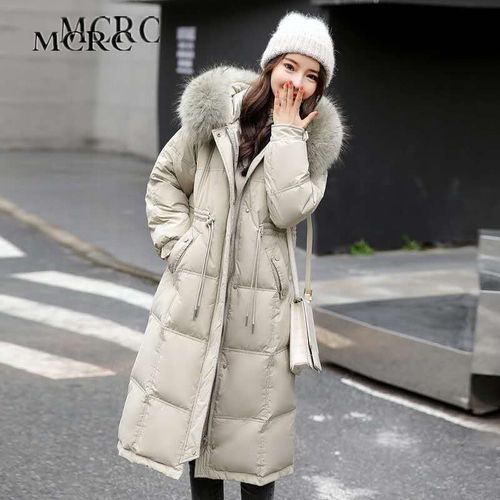 过膝加厚宽松外套冬季新款时尚大毛领韩版宽松大衣收腰显瘦 豆绿色 m