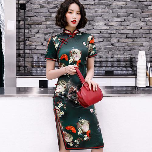 老上海2020春季新款苏杭旗袍短款女复古高雅墨绿色传统式中国风春