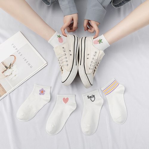 韩版浅口女生短袜低帮防臭日系学院风薄款夏季白色刺绣图案女袜子