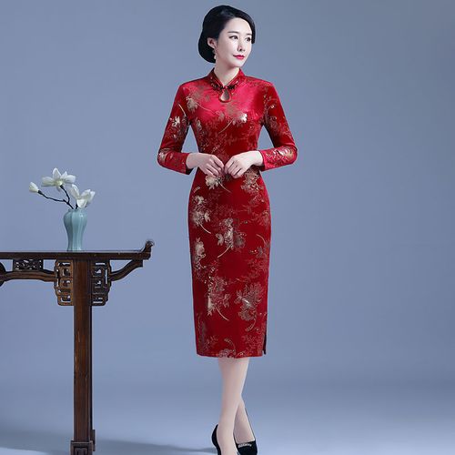 秋季新款改良旗袍复古连衣裙女刺绣烫金遮肚显瘦长款复古典雅装旗袍裙