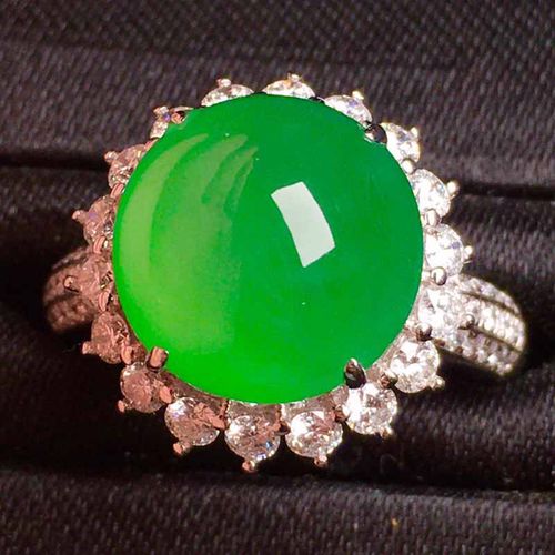 七小匠天然缅甸老坑a货冰种阳绿蛋面18k金镶嵌翡翠戒指女士12圈口