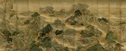 清-袁耀-蓬莱仙境图屏245x606十二条通屏风景客厅临摹装饰国画