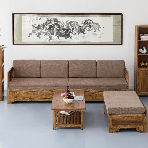 榆木沙发组合简约现代布艺客厅家具多功能拉伸推拉实木沙发床两用